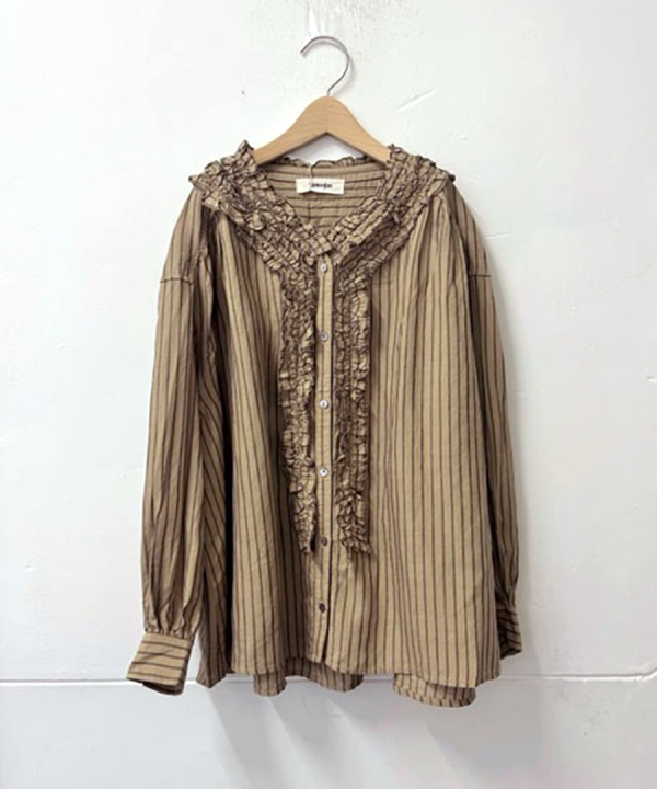 テンセルリネンストライプ　フリルブラウス