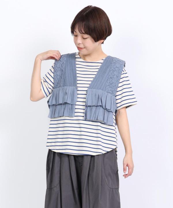 スープレコットンボーダー天竺　裾ラウンド半袖ロングT