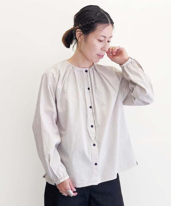 Gathered Neck Mini Stripe Shirt