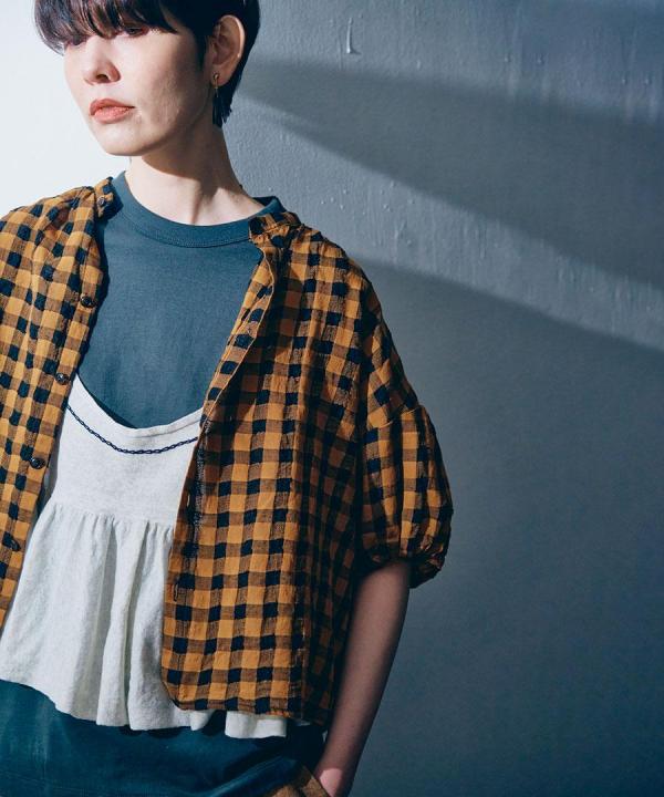 メッシュギンガムチェック　ブラウス