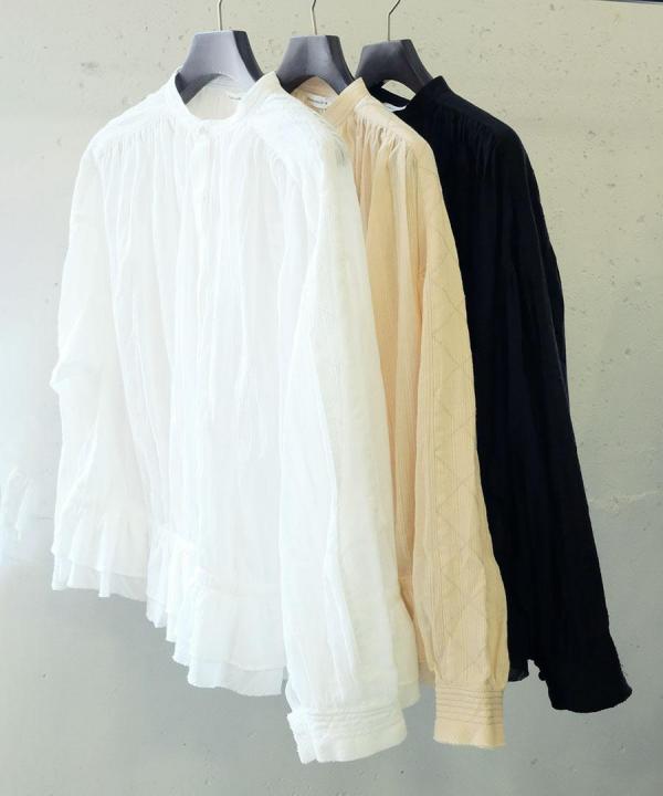 コットンストライプ　裾フリルブラウス