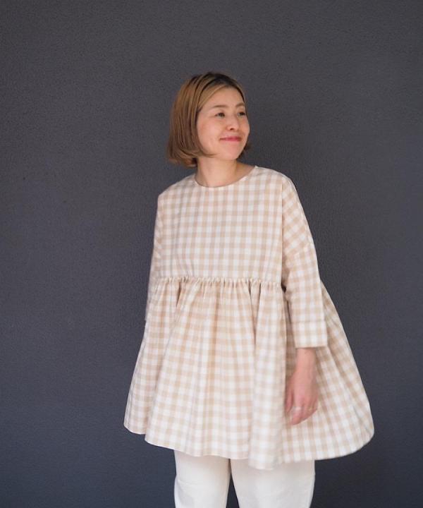 GINGHAM SWITCHING GATHER BLOUSE