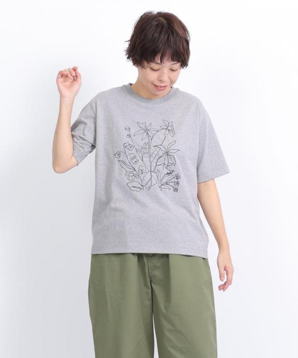 ドライコットン天竺　ボタニカル刺繍T