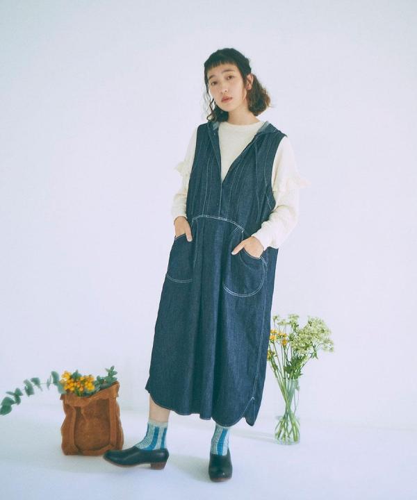 6.5ozコットンリネンデニム　フードジャンパースカート