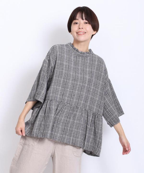 強撚リネンチェック　2wayブラウス