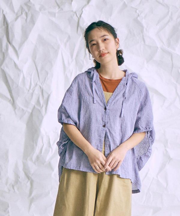 綿麻先染めボイルワッシャー　フードブラウス
