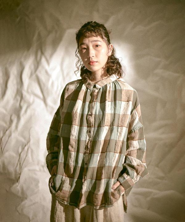 ブロックチェック　ロングシャツブラウス