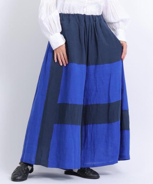 パッチワークワッシャーリネン　ギャザーパンツ