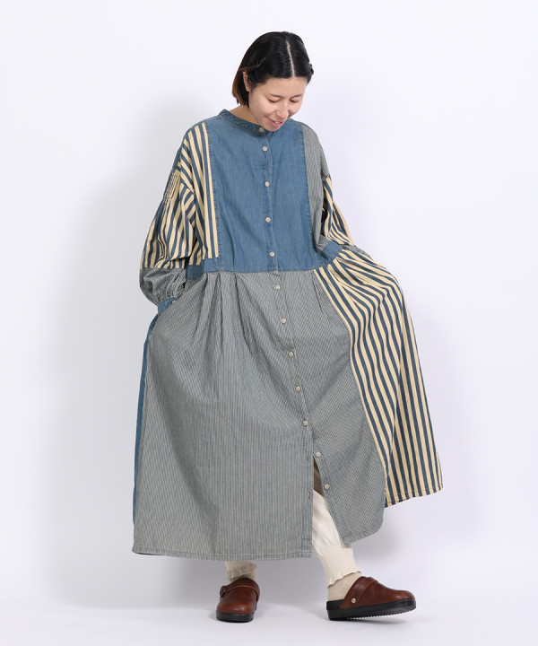 デニム×ヒッコリーストライプ　2wayワンピース