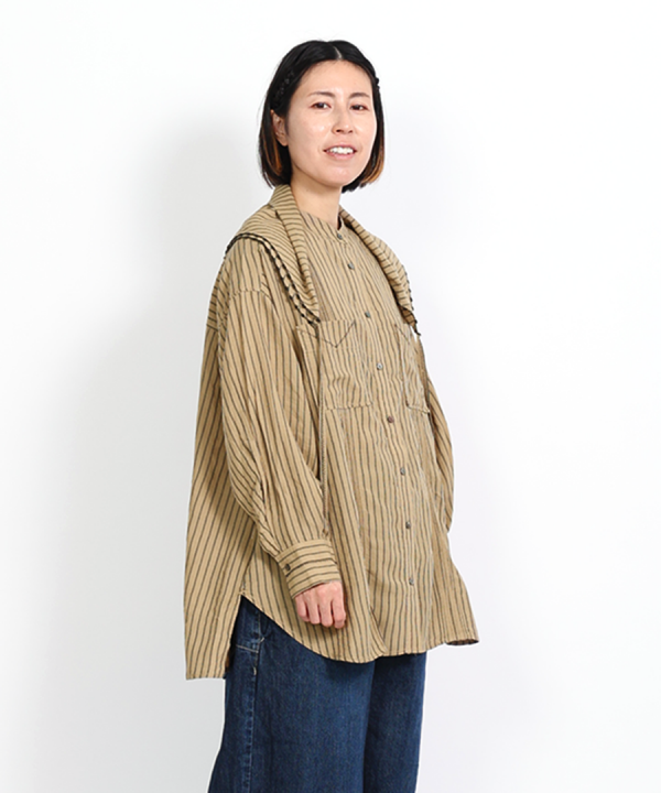 テンセルリネンストライプ　チュニックシャツ(スカーフ付き)