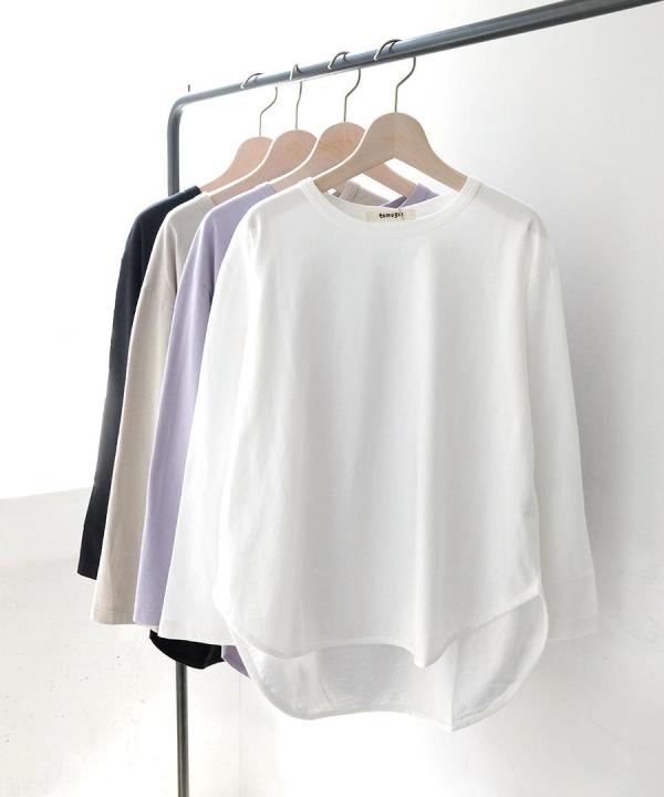 スープレコットン天竺　裾ラウンド長袖ロングT