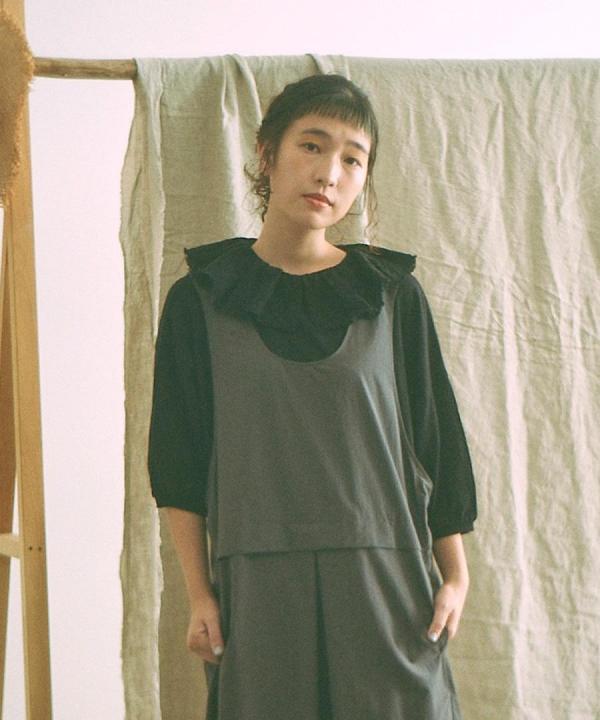 コットンリネン天竺×コットンヘンプガーゼ　フリルカラープルオーバー