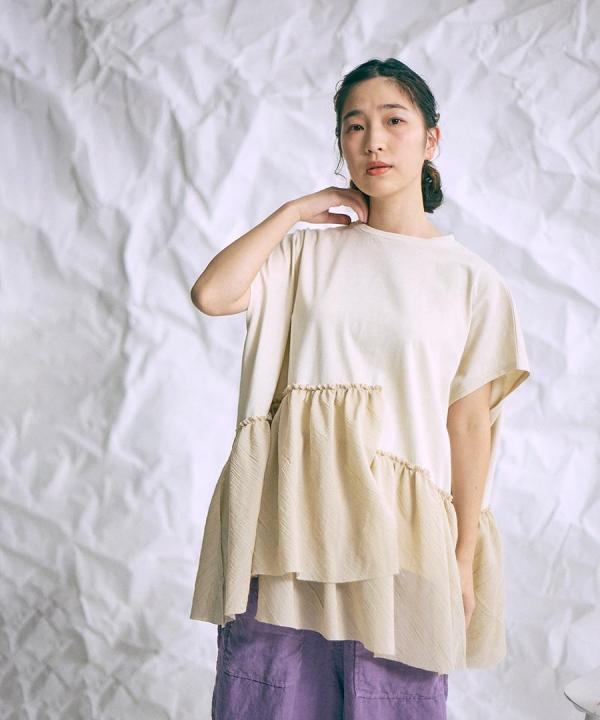 リサイクルコットン×コットンボイル　裾フリルプルオーバー