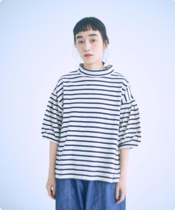 リサイクルコットンボーダー　モックネックプルオーバー