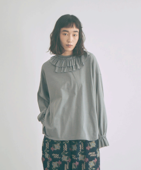 Percee天竺×シアーリブ　フリル衿プルオーバー