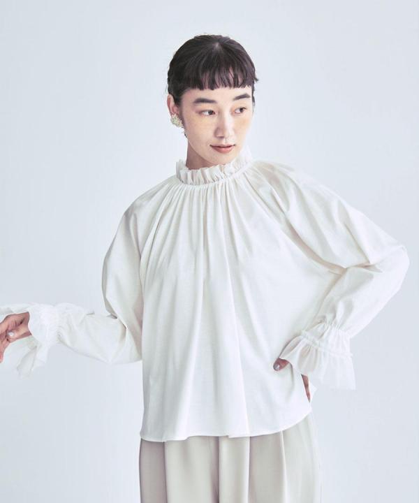 コンパクト天竺×ソフトチュール　フリルギャザープルオーバー