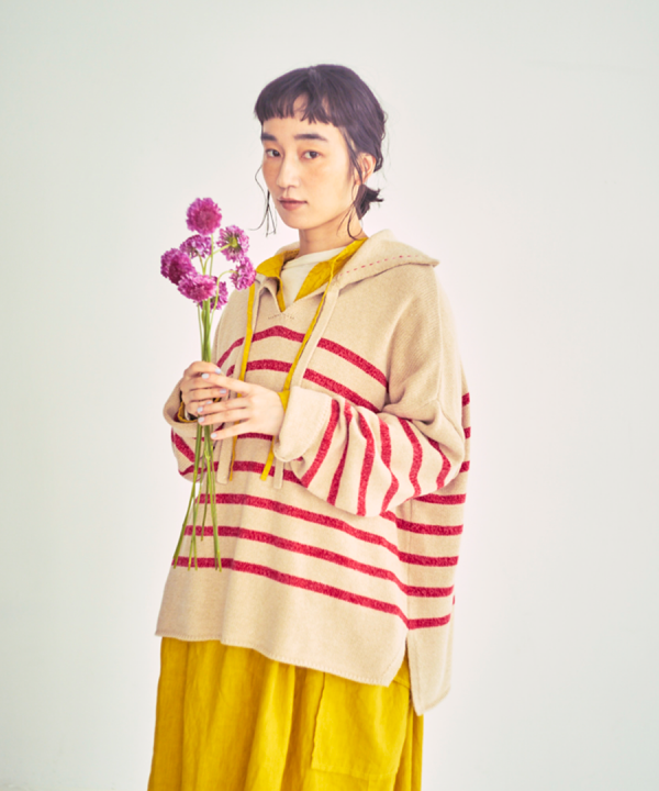 コットンウールボーダー　ビッグカラープルオーバー
