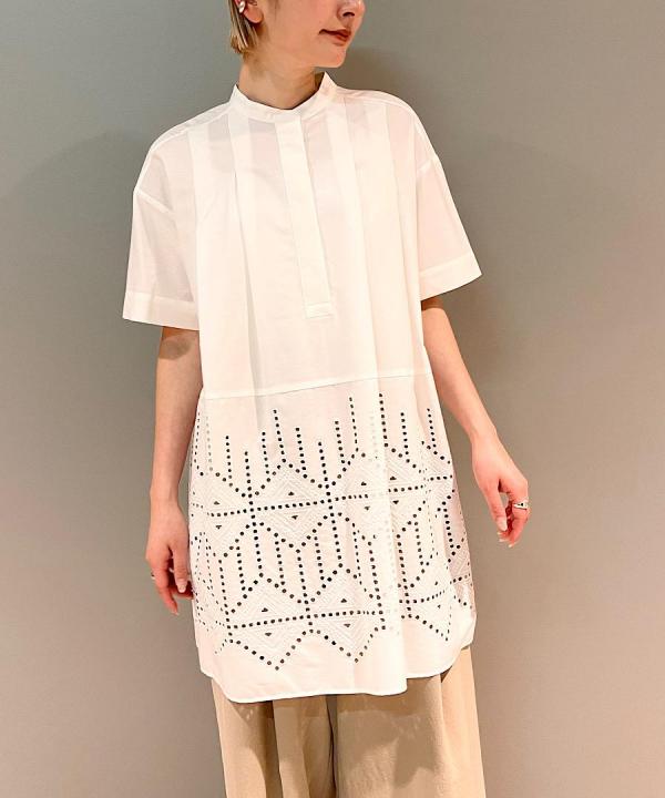 50ブロード液アン刺繍 スタンドカラーブラウス