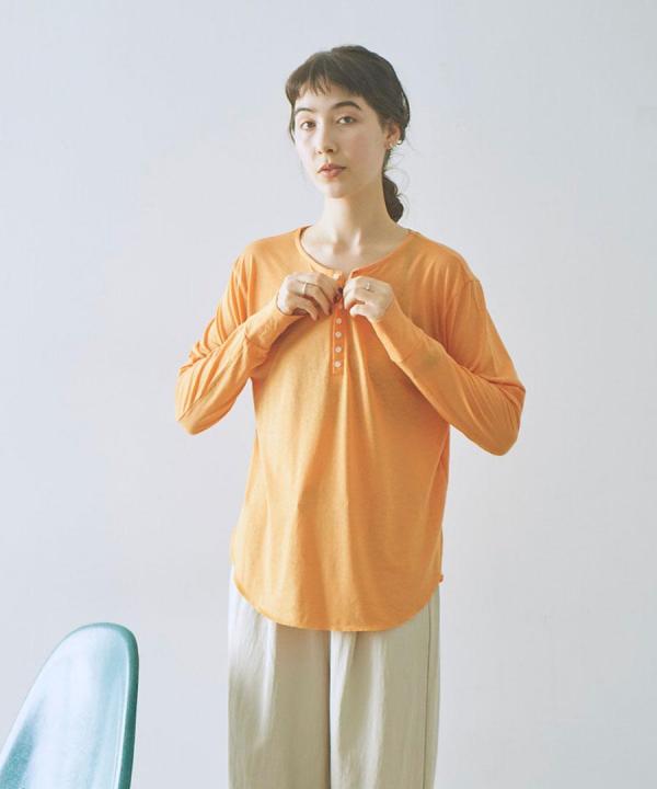 flow cotton silk ヘンリーネックT