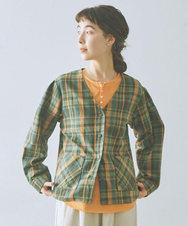 old slub check ノーカラーシャツジャケット