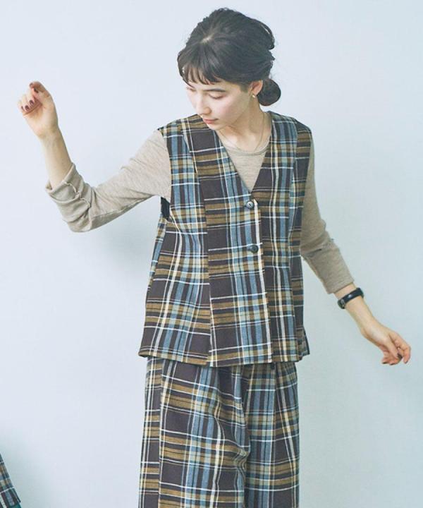 old slub check Vネックジレ