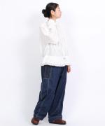 コットンストライプ　裾フリルブラウス