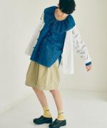 綿麻ライトオンスデニム　衿刺繍ブラウス