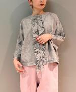 C/Lワッシャーチェック&ストライプ フリルブラウス