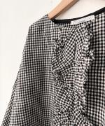 C/Lワッシャーチェック&ストライプ フリルブラウス