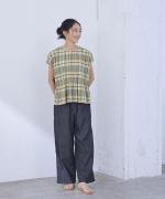 コットンシャンブレー&マドラスチェック　ランダムタックブラウス