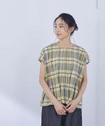 コットンシャンブレー&マドラスチェック　ランダムタックブラウス