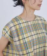 コットンシャンブレー&マドラスチェック　ランダムタックブラウス