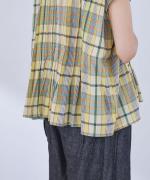 コットンシャンブレー&マドラスチェック　ランダムタックブラウス