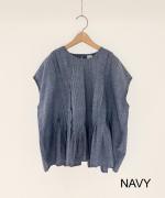 コットンシャンブレー&マドラスチェック　ランダムタックブラウス