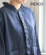 よこ糸グレーデニム&高密度ピケ　フリル衿ワンピース