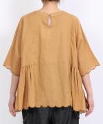 スカラップ刺繍コットンリネンボイル　5分袖プルオーバー