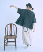 スカラップ刺繍コットンリネンボイル　5分袖プルオーバー