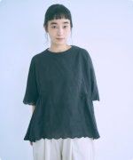 スカラップ刺繍コットンリネンボイル　5分袖プルオーバー