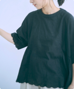 スカラップ刺繍コットンリネンボイル　5分袖プルオーバー