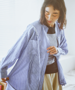 テンセルリネンストライプ　チュニックシャツ(スカーフ付き)