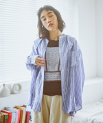 テンセルリネンストライプ　チュニックシャツ(スカーフ付き)