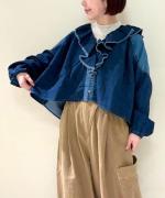 コットンリネンツイルキャンバス　フリルカラーブラウス