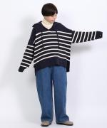 コットンウールボーダー　ビッグカラープルオーバー