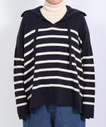 コットンウールボーダー　ビッグカラープルオーバー