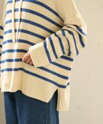 コットンウールボーダー　ビッグカラープルオーバー